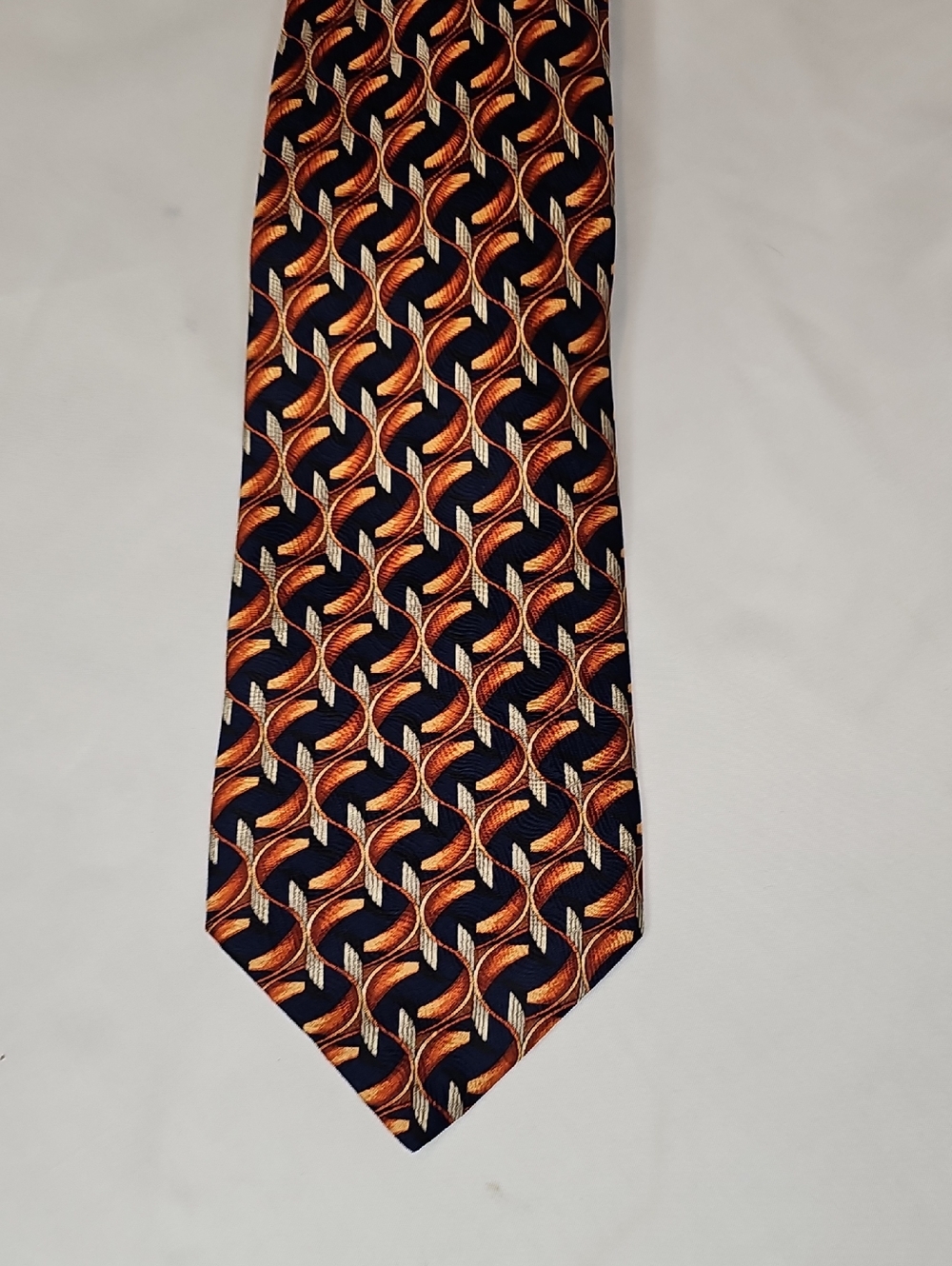 Barney's New York Classic Men's Navy Silk  Tie with Orange Geometric Pattern